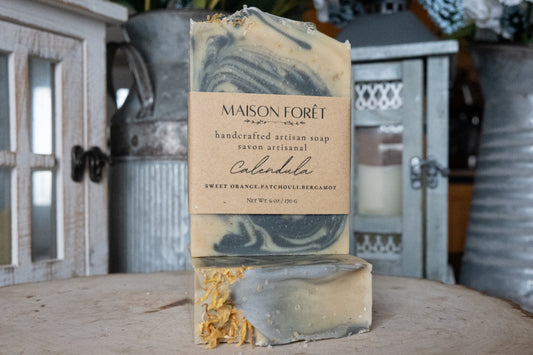 Calendula Soap with Charcoal and Goat Milk – Gentle Detox Bar, Natural Face & Body Soap, Sensitive Skin, Orange Patchouli Bergamot, Handmade